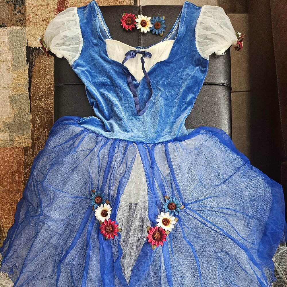 Curtain Call Costumes Flower Girl Blue & Cream Dance Costume w/ Hair Piece